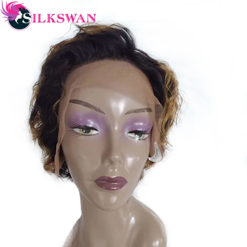 Silkswan, бразильские волосы, кудрявые, человеческие волосы, парик 1b/27 цветов, на кружеве спереди, короткие, стриженые, парик 150 плотности для черных женщин