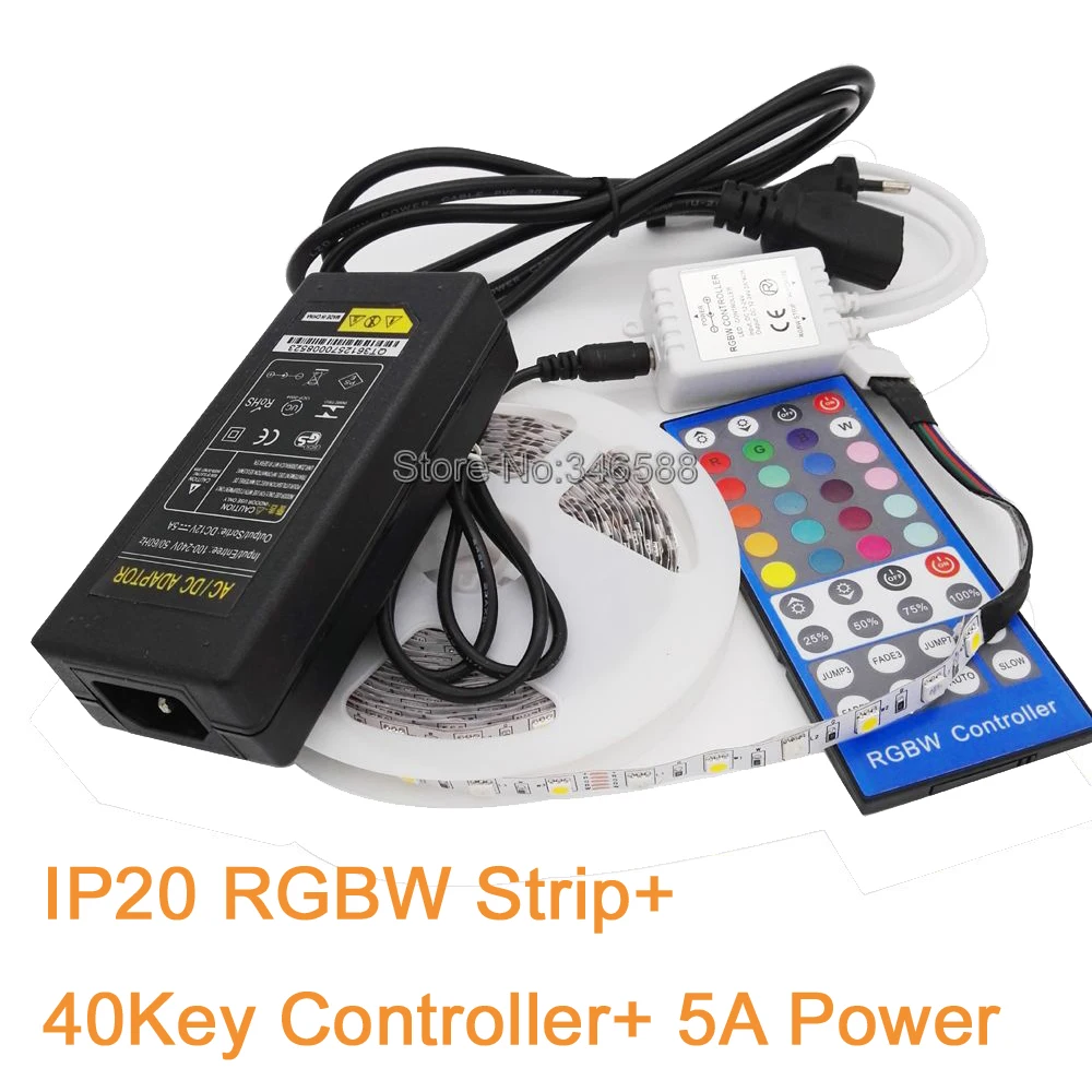 

5M 12V SMD 5050 RGBW / RGBWW LED Strip Light Flexible Tape 60LED/M IP20 Non-Waterproof + 40key IR Remote Controller+12V 5A Power