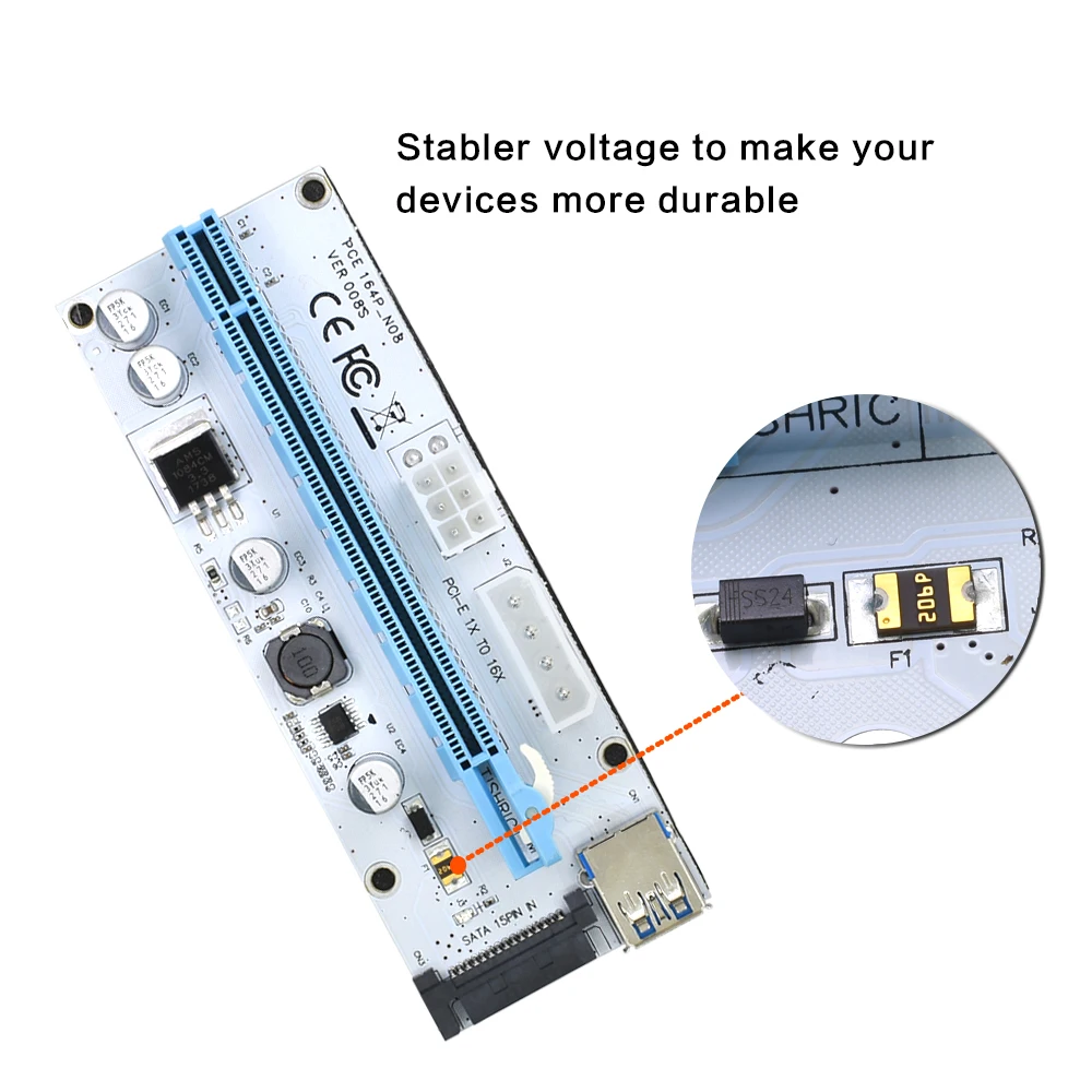 TISHRIC PCIE PCI E Express Riser Card 1x к 16x USB 3 0 кабель VER 008S в 1 Molex 4Pin SATA 6PIN Raise для майнинга Riser| |