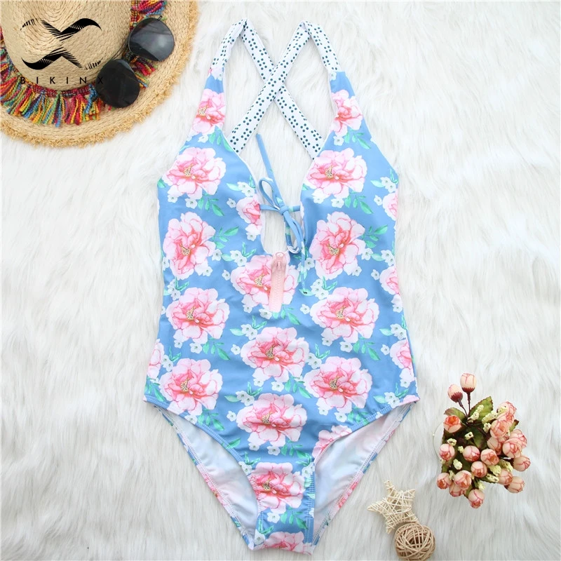 Bikinx Глубокий v бикини с цветочным принтом 2019 mujer Купальники пуш ап высоким вырезом