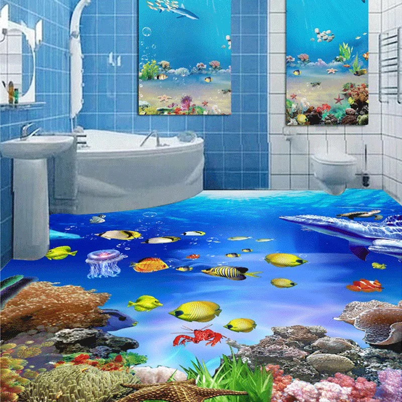 

Custom Mural Wallpaper 3D Stereoscopic Floor Stickers SeaWorld Bathroom 3D Mural Wear Non-slip PVC Self-adhesive Floor Wallpaper