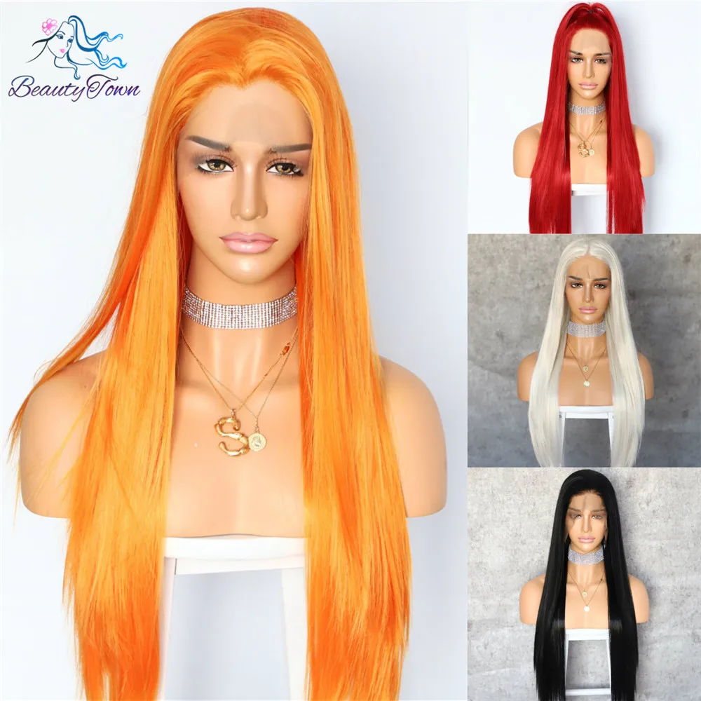 BeautyTown HandTied оранжевый красный 1B белый термостойкие прямые Косплей Знаменитости Девушка Свадебная вечеринка синтетический парик на кружеве