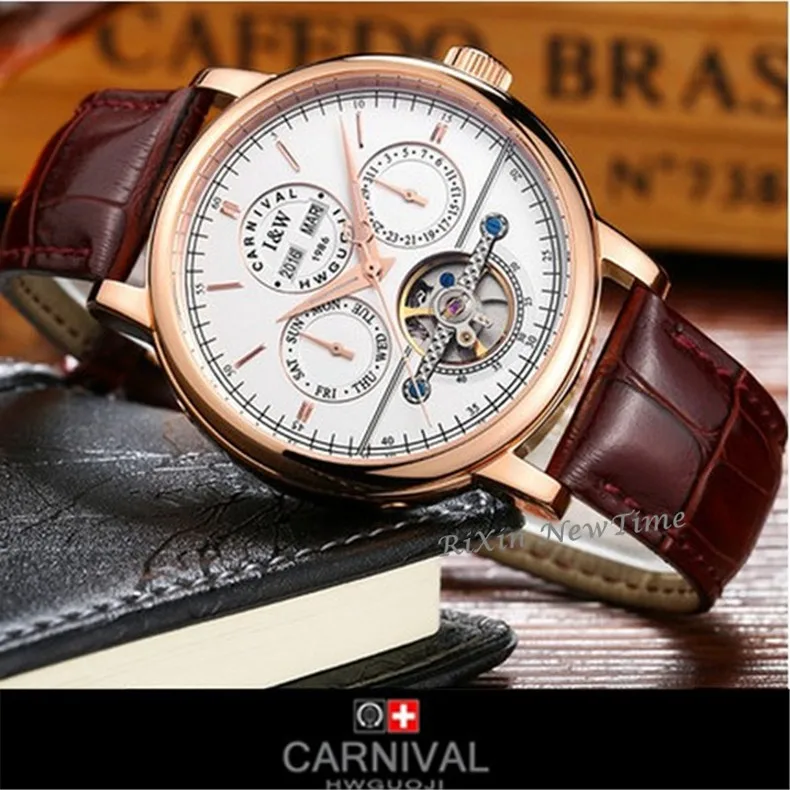 Carnival tourbillon Мужские брендовые автоматические механические часы Роскошные водонепроницаемые часы из натуральной кожи полностью стальные часы homme