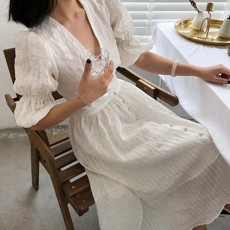 Dream Trend 2018 New Summer Dress High Waist Women Big v-neck Vintage Linen Elegant White Half-sleeve Sun Dresses | Женская одежда