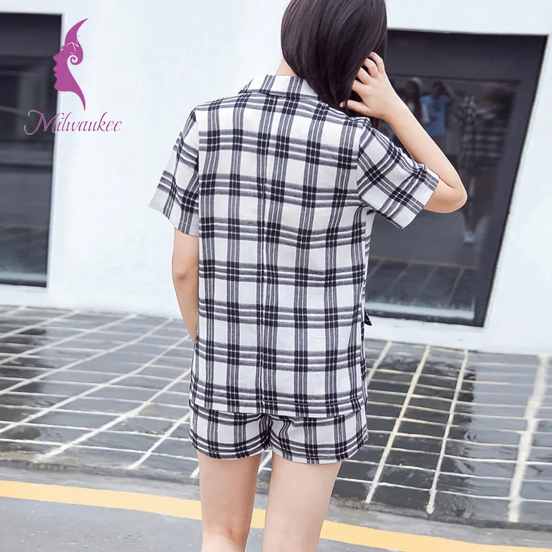 Milwaukee Summer Casual Women Sets Short Sleeve Turn Down Collar Plaid Geometric Top And Pockets Shorts Suits 2 Piece Clothes | Женская