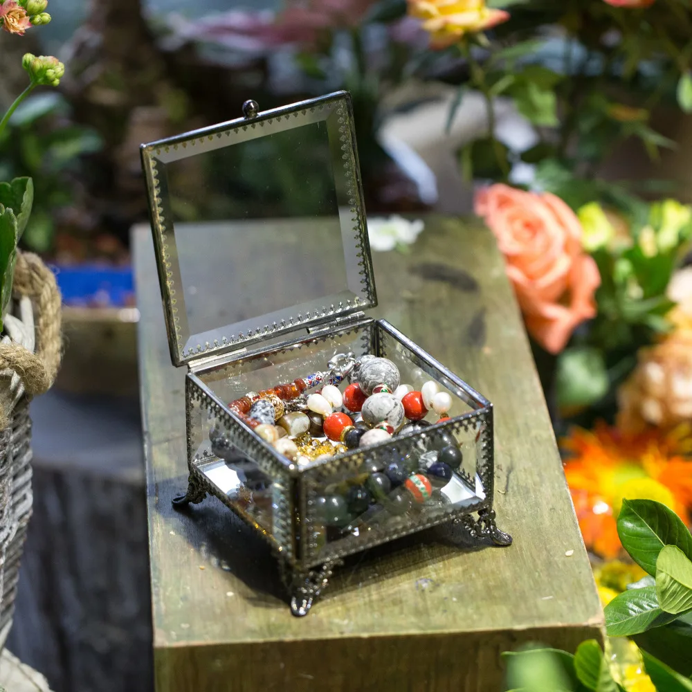 Ncyp Винтаж Грановитая Квадратные Зеркальные латунь Стекло Box ювелирные изделия