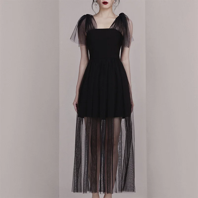 

Max Spri 2019 Fashion Style Women Dress Sleeveless Lace Bow Tie Mini Dress Lace Hem Spaghetti Strap Sexy Party Dress