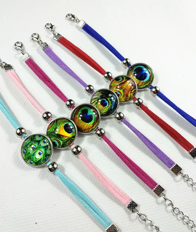 

12pcs/lot (Mixed 6 styles) New design silver blue red rose purple Glass Bracelets Peacock feathers charm bracelet for girl