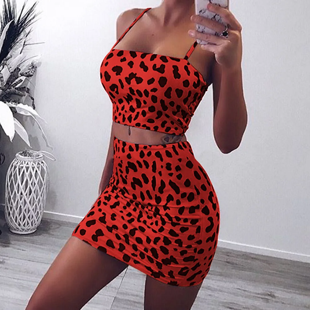 ANJAMANOR Leopard Snake Skin Print Sexy Two Piece Skirt Set Women Clothes 2019 Summer Short Matching Sets Club Outfits D32-AZ53 | Женская