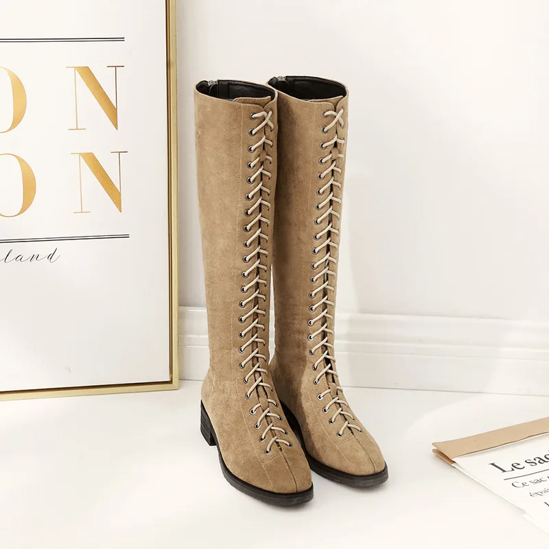 Модные флоковые Сапоги выше колена с круглым носком на низком квадратном каблуке