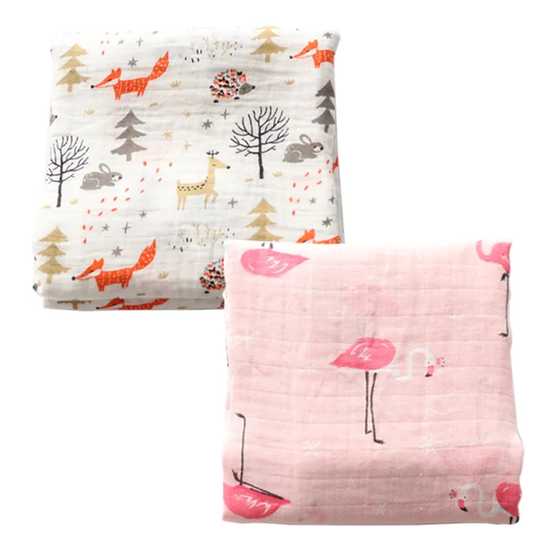 Forest Flamingo Комплект из 2 предметов, хлопковое муслиновое детское одеяло, пеленка для новорожденных, мягкое детское постельное белье, банное полотенце, Марлевое покрытие для коляски, 115x115 см - Цвет: Forest Flamingo