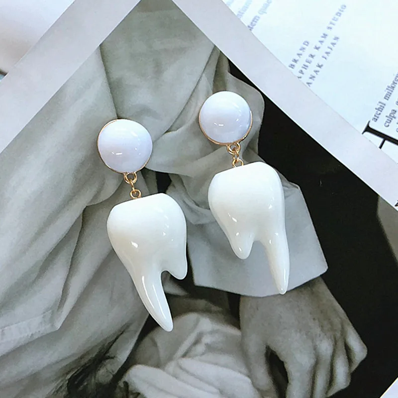 IGU 3cm Big Creative White Resin Acrylic Tooth Earrings Women Girls Personal Party Drop Wholesale Brincos | Украшения и