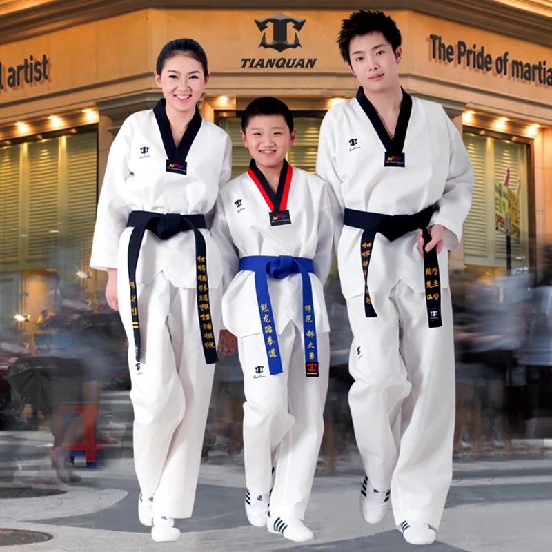 Белые униформы для тхэквондо dobok костюмы 100% хлопок Тхэ квондо ткань с длинным