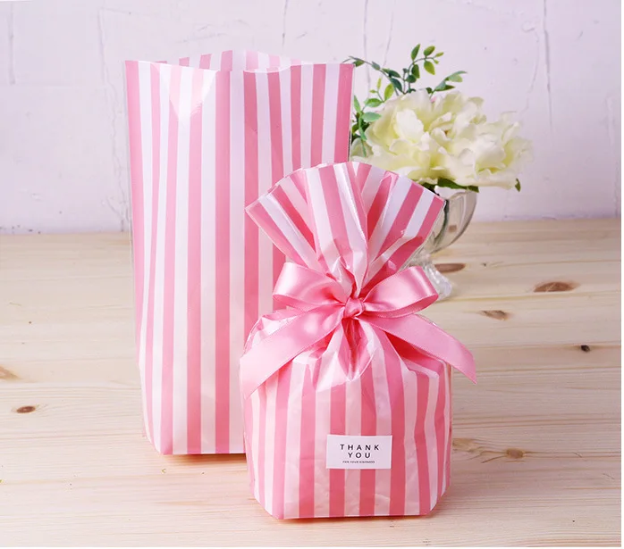 pink 100 pcs Color Plastic Striped Cookie Candy Gift Bags Not Adhesive Seal Package Bag Cellophane Birthday - Цвет: pink