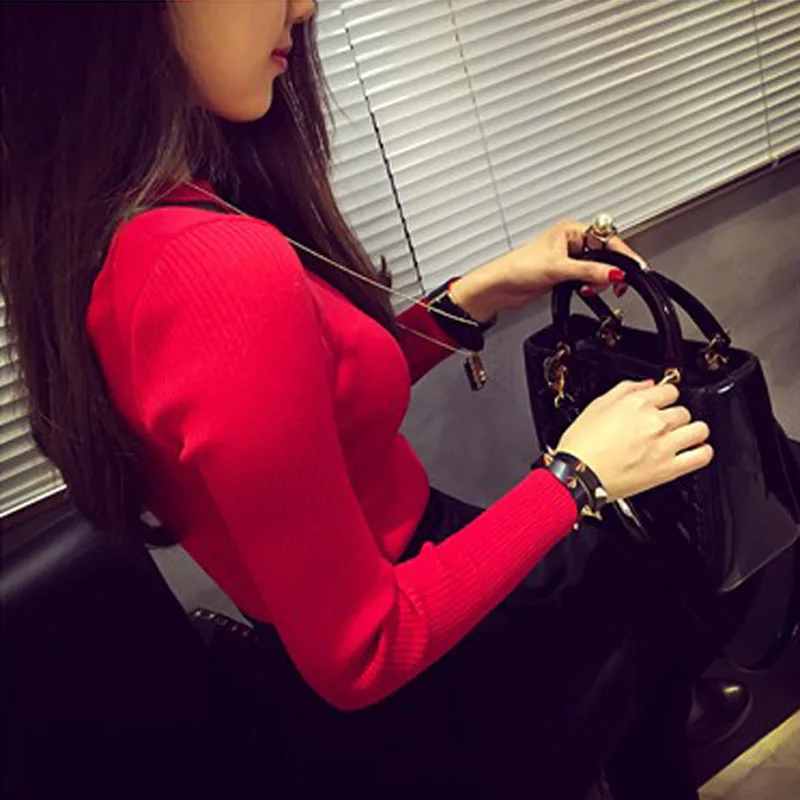 Женщины Топы Вязаный Футболку Femme О-Образным Вырезом С Длинным Рукавом