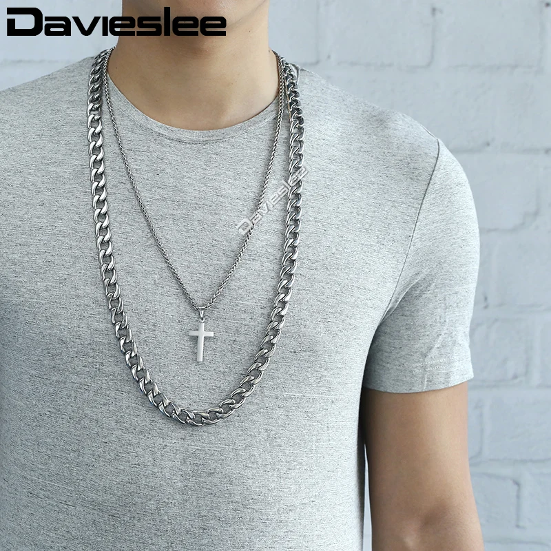Davieslee Necklace For Men Silver Stainless Steel Cuban Wheat Link Chain Cross Pendant 2018 Jewelry 13mm 24inch LDN01 | Украшения и