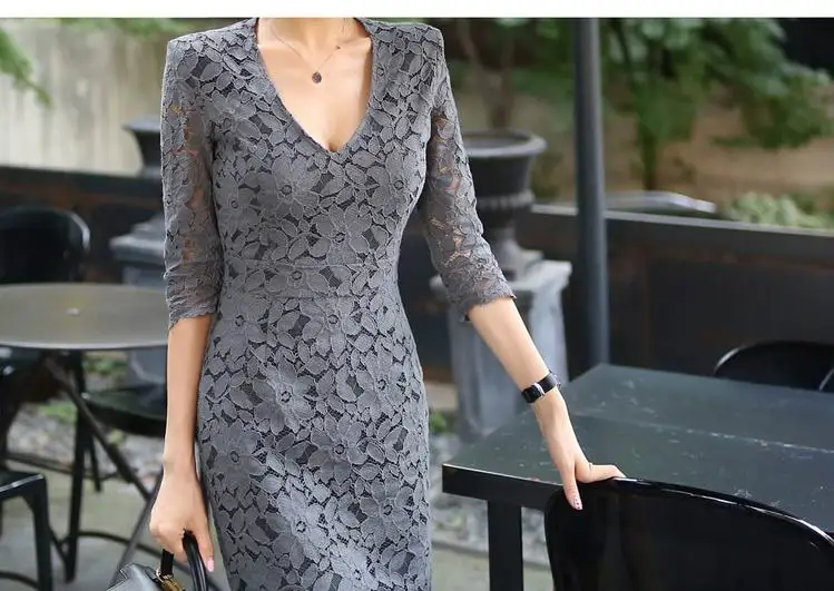 Элегантные миди кружева v-образным вырезом Bodycon Вечерние платья женские Хип Упакованные Высокой Талией Модные платья с коротким рукавом vestidos feminino