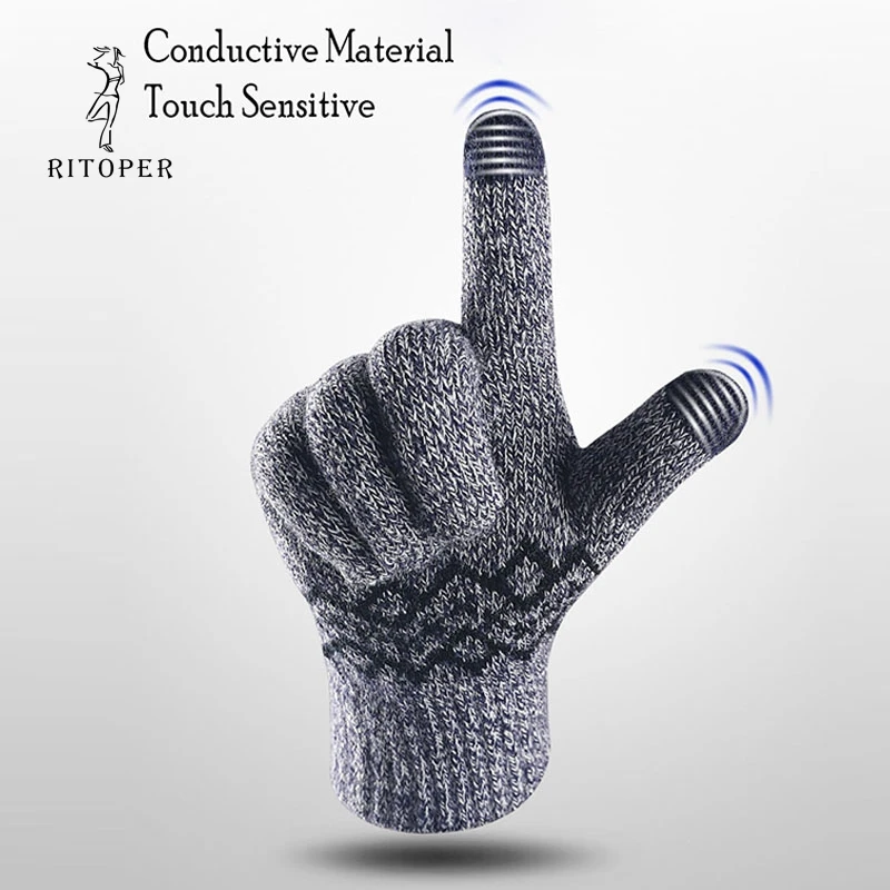 Мужские вязаные перчатки RITOPER WIinter утолщенные бархатные для сенсорного экрана с