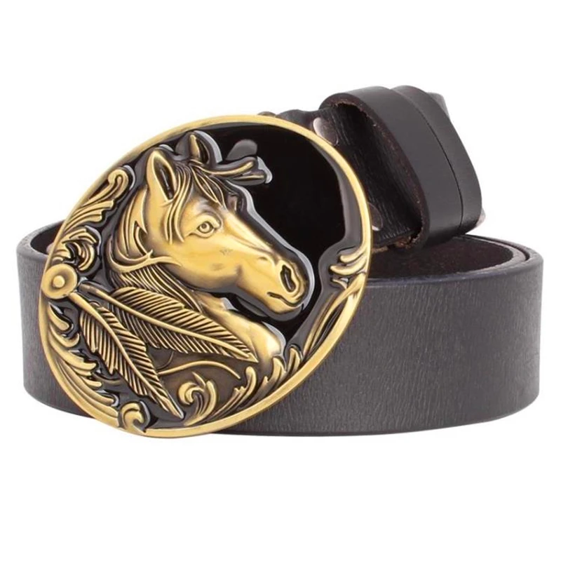 Horse head cowskin leather belt men Western cowboy style Copper buckle horse head belt real Genuine Leather belt for men