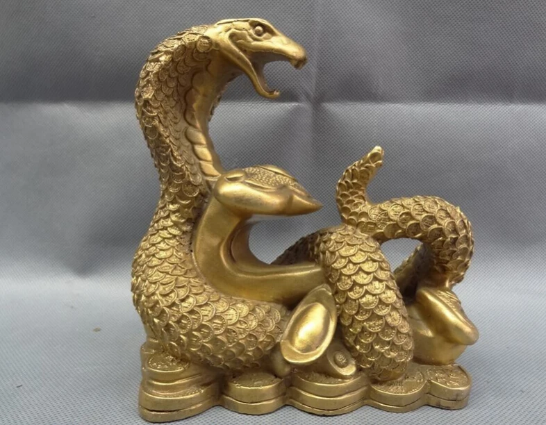 ZSR voge gem S2401 Chinese Brass Year Zodiac Wealth YuanBao Full Coin RuYi Snake Head Statue Animal D0318  Дом и