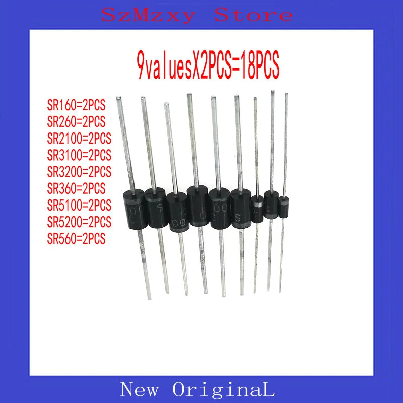

1LOT=18PCS Diode SR160 SR2100 SR260 SR3100 SR3200 SR360 SR5100 SR5200 SR560 9valuesX2PCS=18PCS