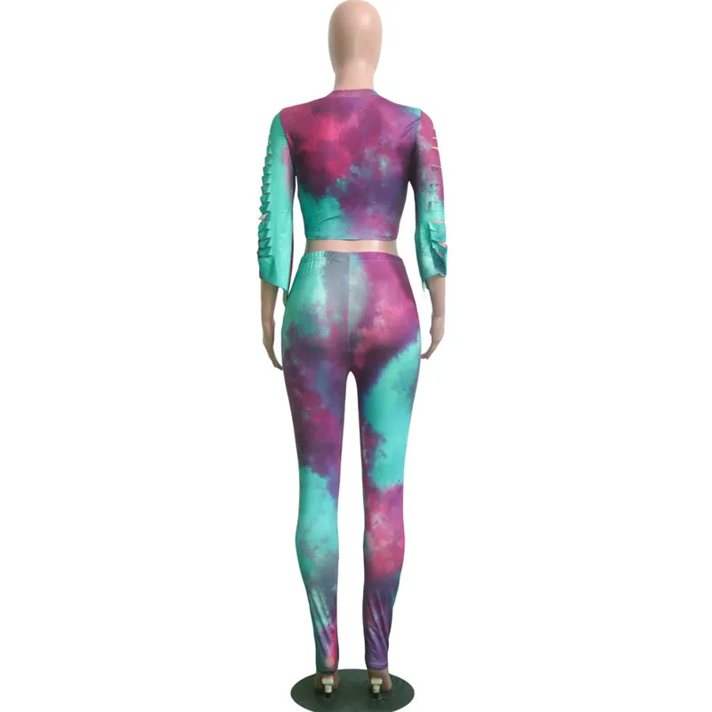 Echoine Tie Dye полый женский спортивный костюм 3/4 рукав укороченный верхний карандаш