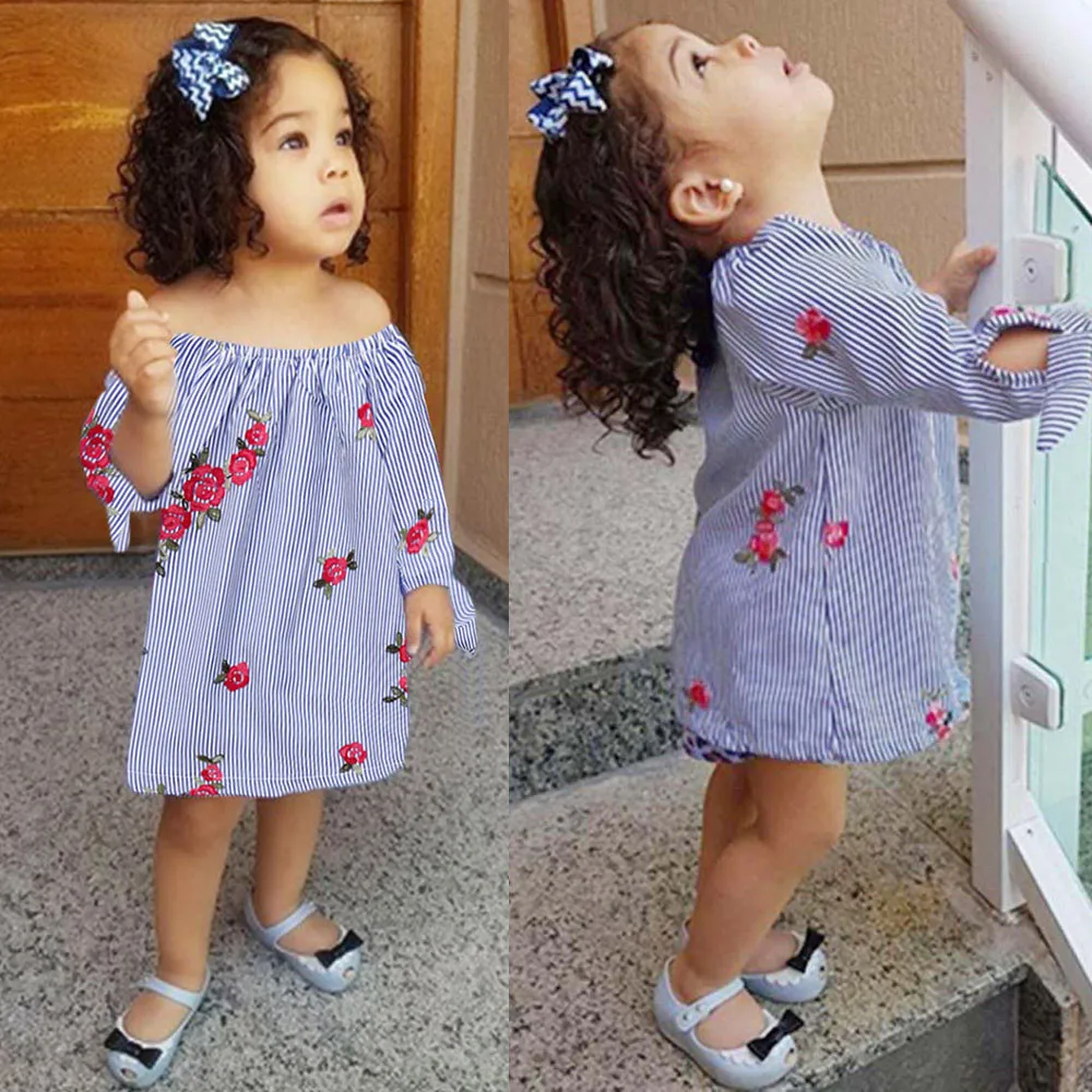 Toddler Cotton Infant Baby Girls Embroidery Floral Striped Princess Dresses Long Sleeve Outfits vestido Autumn | Детская одежда и
