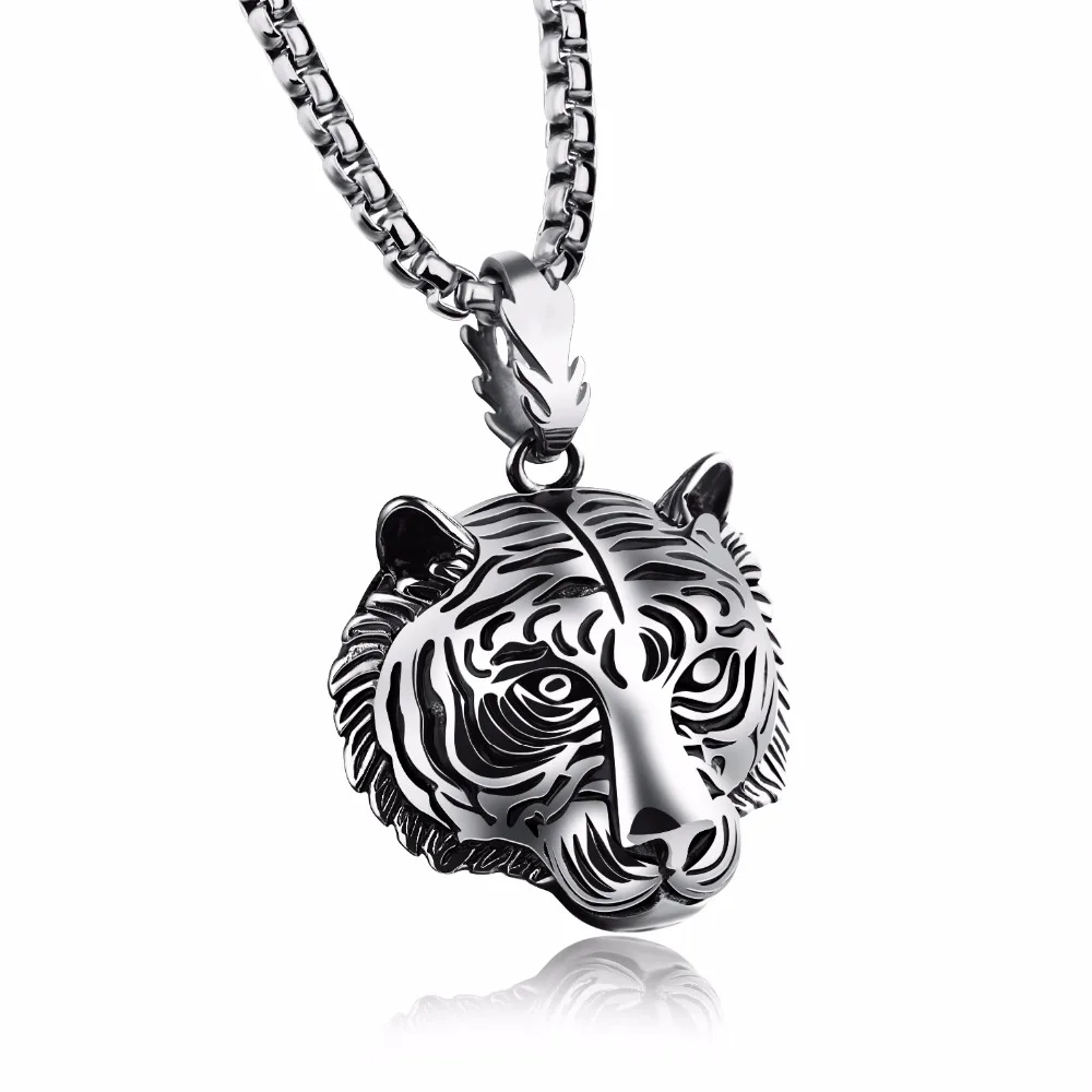 TRAYOKIN Punk Tiger Pendant Necklaces For Men Stainless Steel Box Link Chain 3 Colors Personality Jewelry | Украшения и