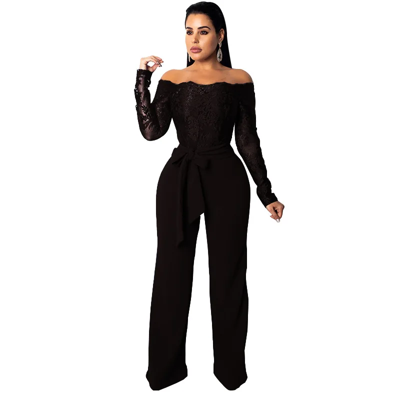 Women Sexy Lace Patchwork Loose Jumpsuit Slash Neck Off Shoulder Long Sleeve Romper with Belt Wide Leg Pants Overalls women sexy v neck jumpsuit casual wide leg stripe overalls off shoulder backless playsuit