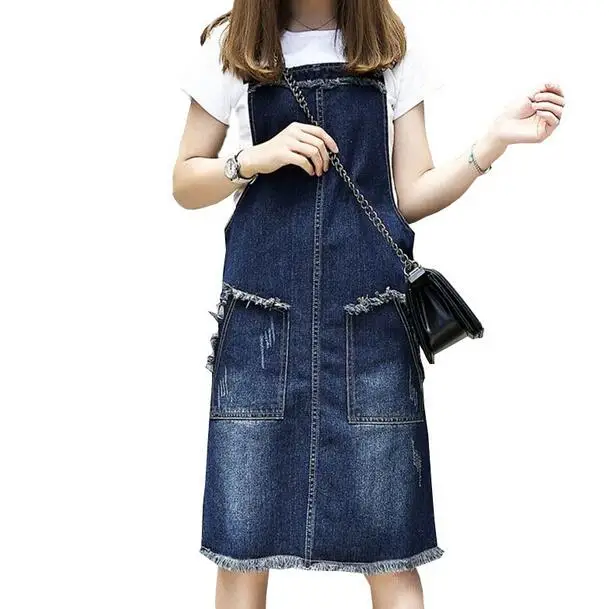 Женское джинсовое платье на тонких бретельках свободное Повседневное из денима