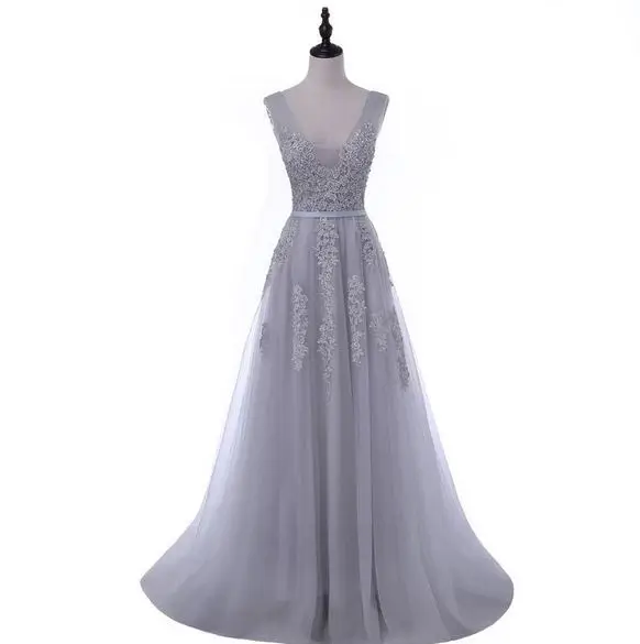 Серебристый Vestido verde esmeralda новые тюлевые бисерные сексуальные V шеи линии Зеленый Белый Розовый бордовые платья для подружки невесты длинные abendkleide - Цвет: Серебристый