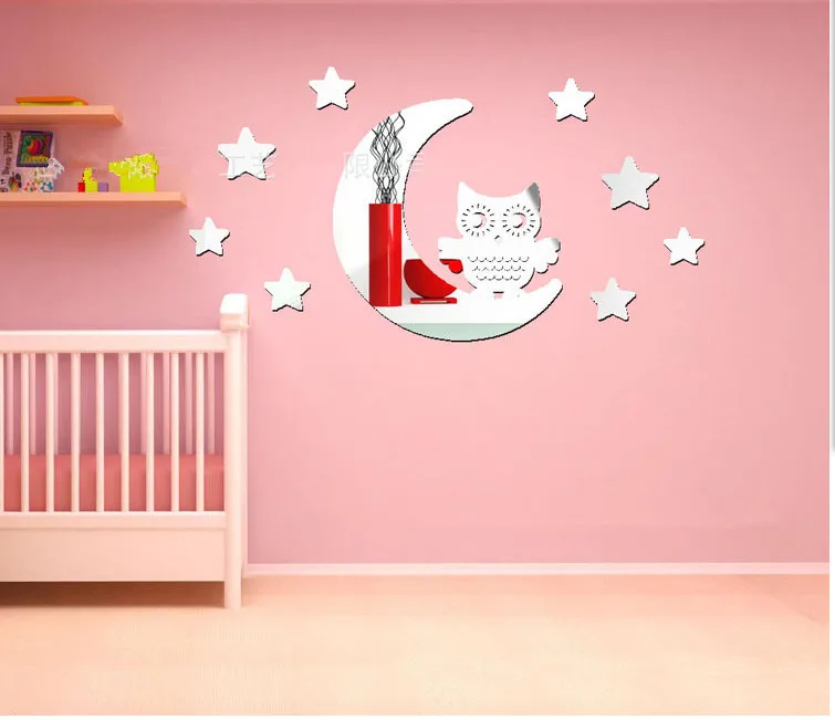 Зеркальный эффект Сова наклейки на стену искусство Goodnight Луна Звезды детская