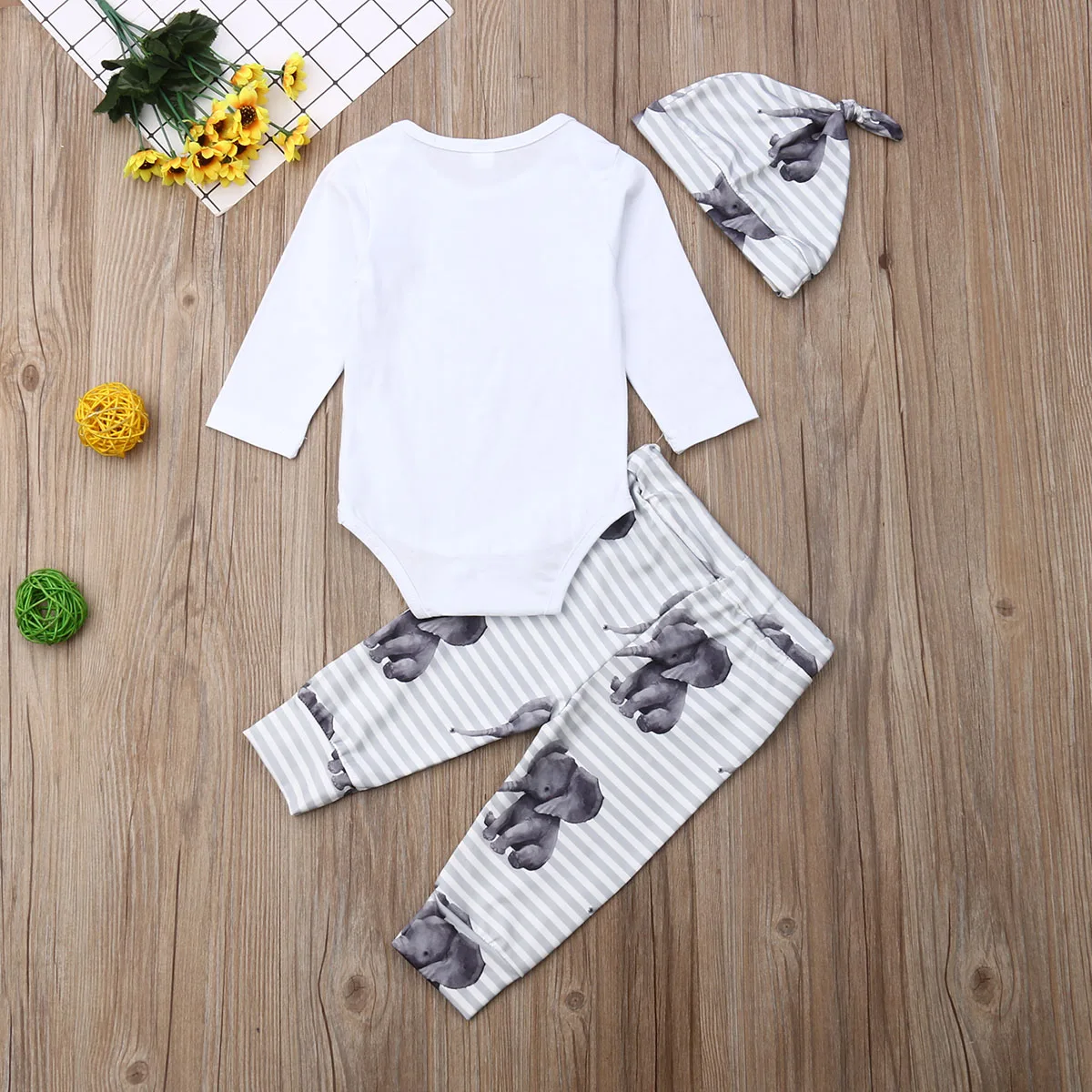 2019 Baby Spring Autumn Clothing Newborn Infant Kid Girl Boy Cartoon Elephant Long Sleeve Romper Tops+Pants Hats 3pcs Sets | Детская