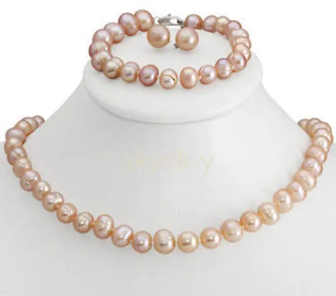 Подлинная 8 9 мм Розовый Пресноводный Культивированный жемчуг ожерелье браслет и