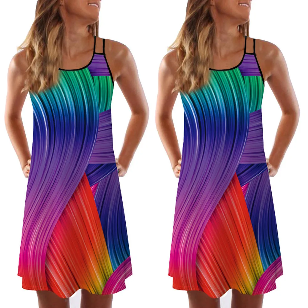 SAGACE летнее модное цветное женское короткое Радужное мини платье с 3D принтом без