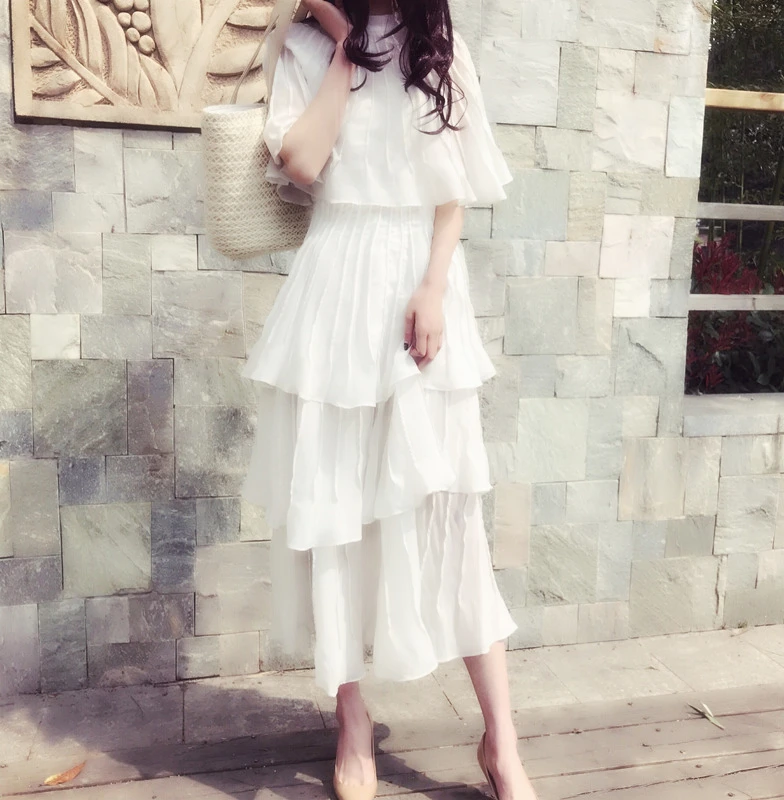 

Free ship white fashion pleated cloak sleeve luxury daily/office ruffled dress