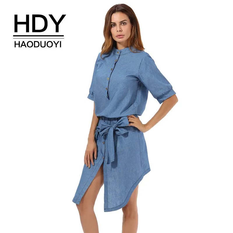 Джинсовое платье HDY Haoduoyi синее асимметричное с коротким рукавом и разрезом