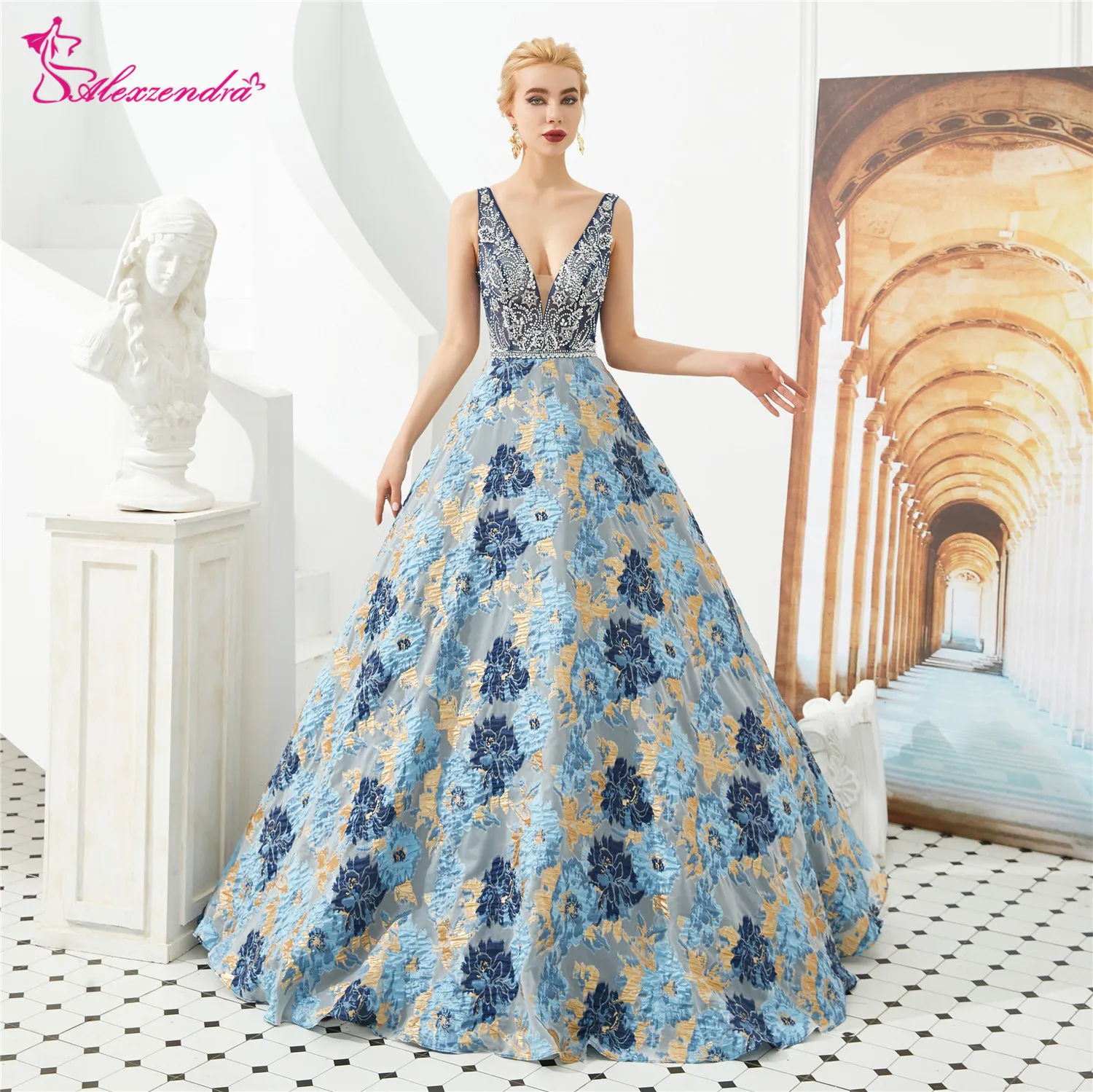 

Alexzendra Printed Flowers A Line Prom Dresses 2019 V Neck Beaded Long Formal Evening Dresses Party Dress
