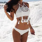 IASKY бахрома комплект бикини ручной работы, вязаный крючком купальник 2018 новый купальник с высоким воротом Сексуальное Женское вязаное бикини купальный костюм 7 цветов