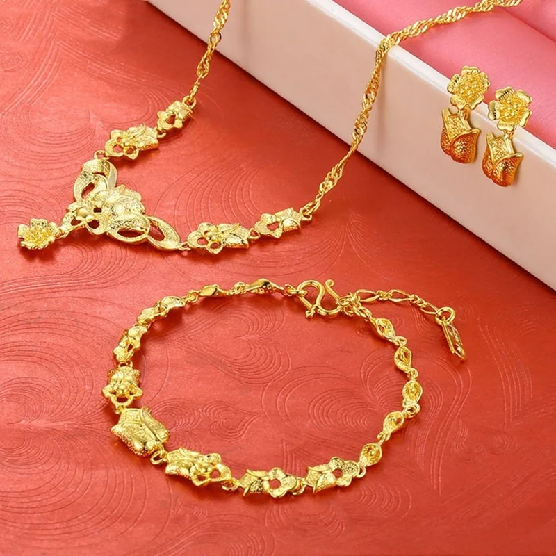 gold jewelry set OMHXFC,, Европейская мода, женский свадебный подарок, винтажный цветок, 24 К, золотое ожерелье+ браслет+ серьги-гвоздики, ювелирный набор, ET01 - Цвет камня: gold jewelry set