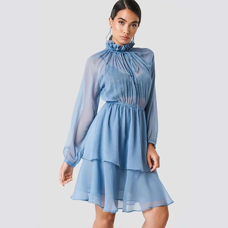 2019 New summer Fashion Sexy Ladies Cascading Ruffle Chiffon Dresses Office Loose Long Sleeve Knee Length Elegant Dress | Женская одежда