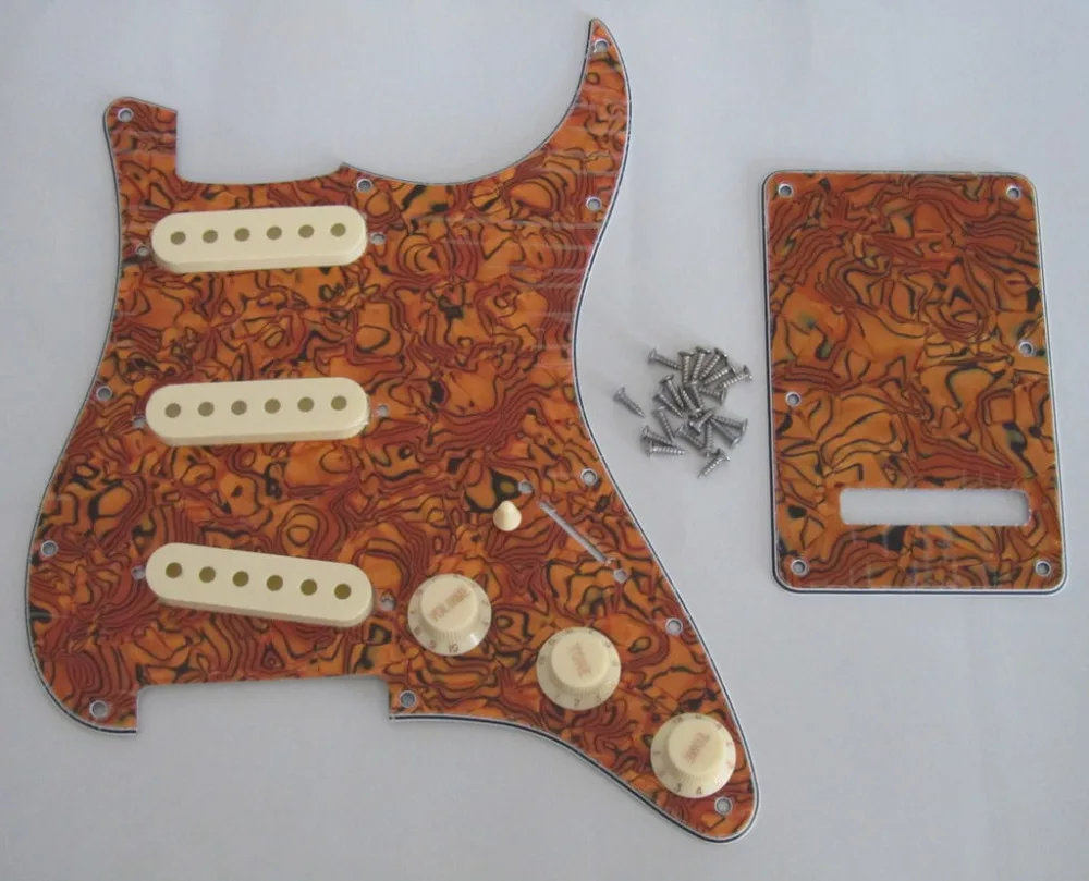 

Tiger Stripe ST SSS Pickguard with Aged White Pickup Covers Knobs Tip