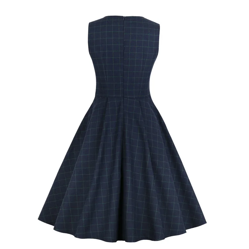 Joansam Plaid Print Women Vintage Summer Button Retro Hepburn Rockabilly 50s Dress Sexy Sleeveless Pinup Swing Party Dresses | Женская