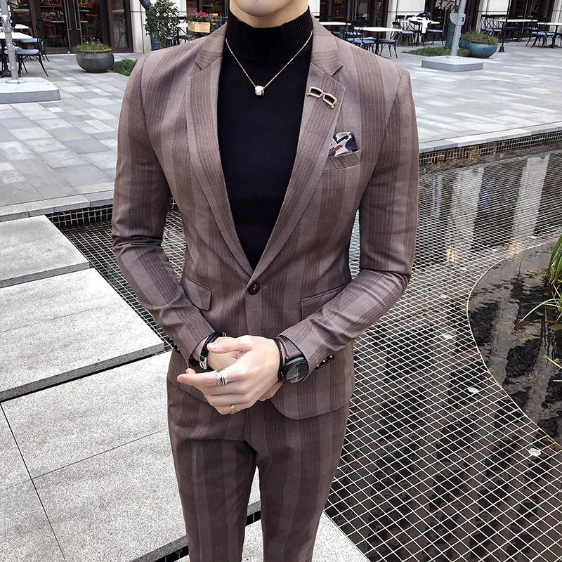 Coffee Мужской большой клетчатый костюм, костюм до щиколотки, Homme Mariage Cofee, в синюю полоску, в клетку, элегантный Trajes De Hombre Novio, клетчатый костюм для мужчин - Цвет: Coffee