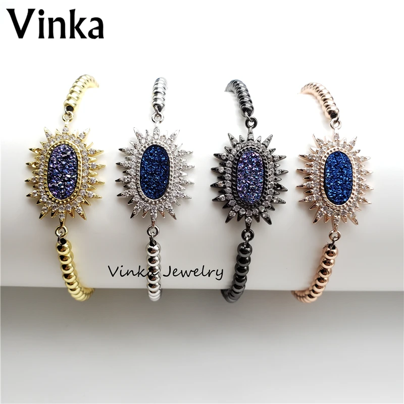 10Pcs/Lot 2018 New Wholesale Popular Natural Drusy &amp Cubic Zirconia Stone Charm Adjustable Bracelet for Women | Украшения и