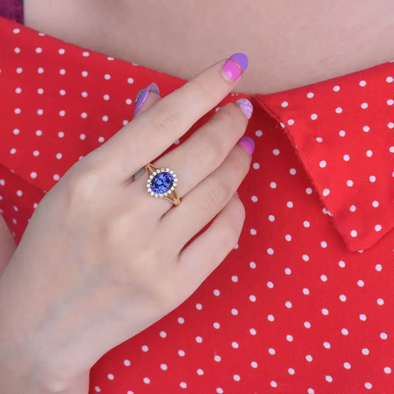 LOVERJEWELRY Винтаж овал 9x7 мм сплошной 14Kt желтого золота с бриллиантами Танзанит