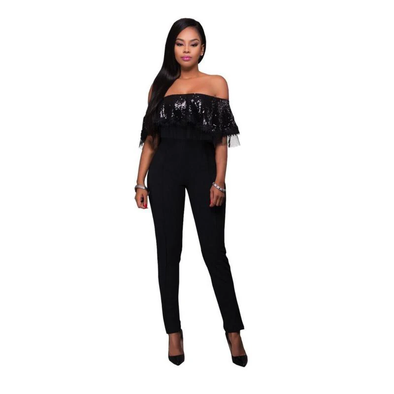 New Women's Sexy Slim Fashion Europe Style Slash Collar Large Swing Paillette Falbala Vintage Lace Patchwork Long Jumpsuits | Женская