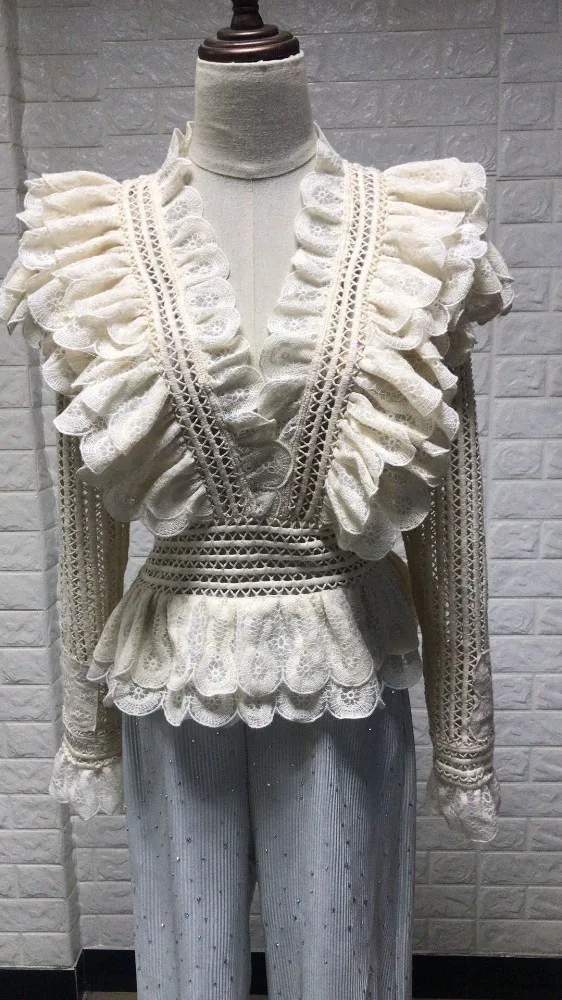 [DEAT] 2020 spring New Arrival Fashion Ruffles Long Sleeve Short Print V-neck Casual Hollow Fold Women Y-shirt Lady KB549 | Женская