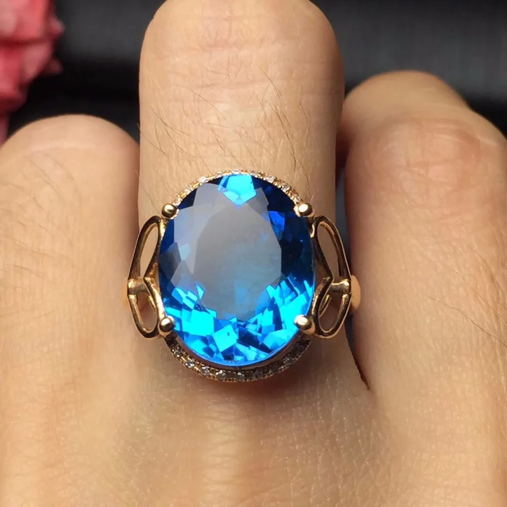 Fine Jewelry Trendy Real 18K Rose Gold AU750 100% Natural Blue Topaz Gemstones Female Rings for Women Ring | Украшения и