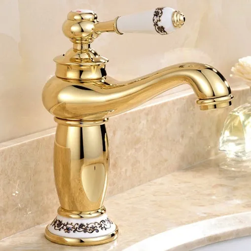 

Free shipping Promotion Ceramic gold basin sink faucet with single handle brass bathroom mixer tap and hot cold kitchen faucets